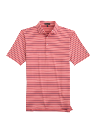coral and blue striped polo shirt