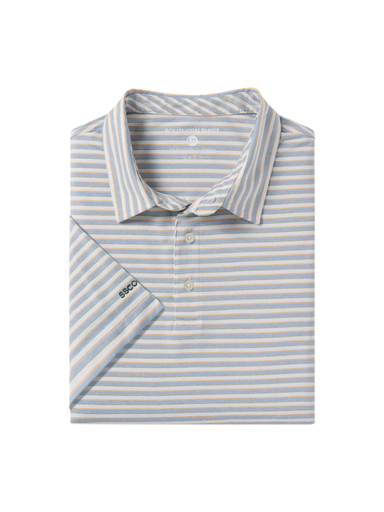 blue striped polo with thin orange lines
