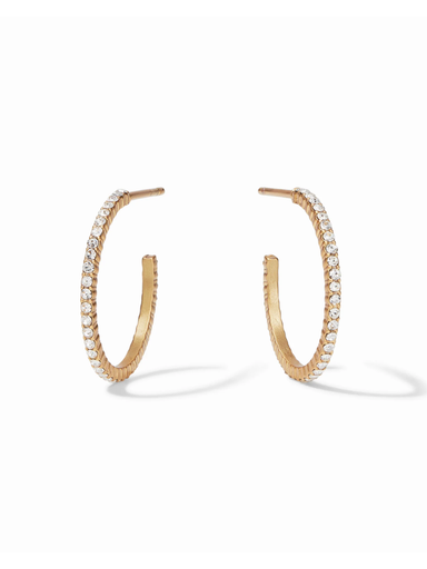 Gold hoop earrings with embedded diamonds on a white background