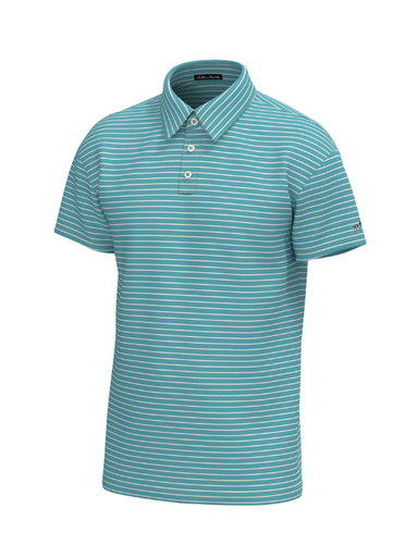 cool blue hue and white striped polo shirt 