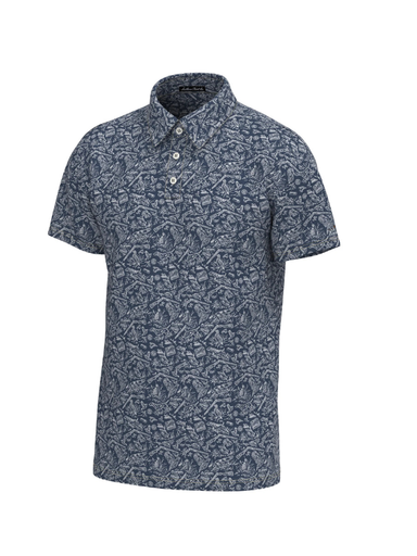 gun, bird and dog pattern on a blue polo shirt 