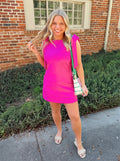 Magenta dress with bow detailing on the straps