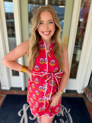 Red floral dress with scalloped lace trim 