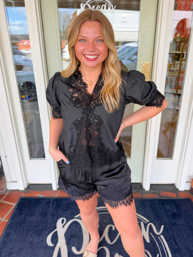 Black satin v neck lace top 