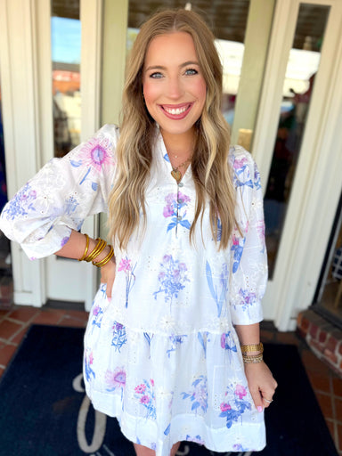 White eyelet dress with blue and purple florals 