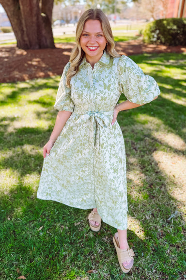 Bubble sleeve textured button down dress