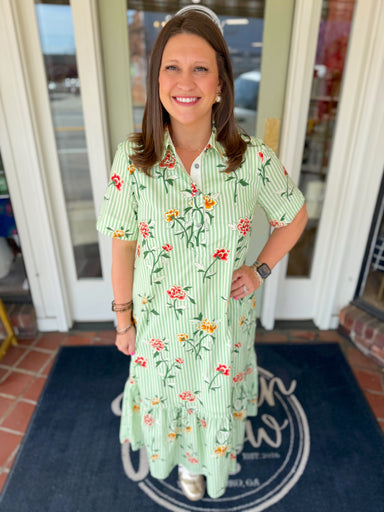 Green striped midi dress with floral print 