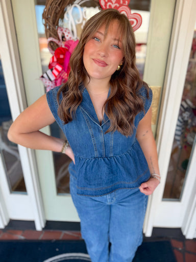 Denim sleeveless peplum top with collar and v neck