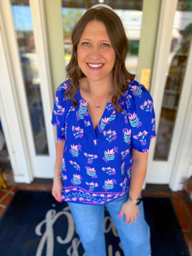 Blue floral print v-neck top