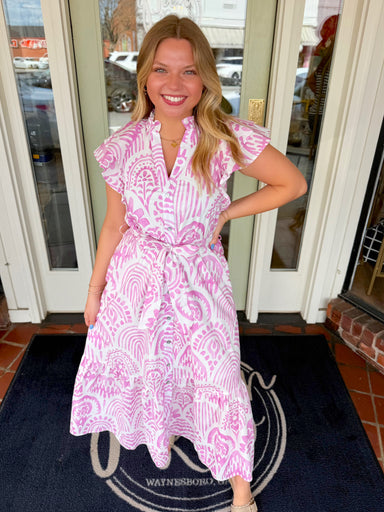 Pink and white printed midi dress with pockets 