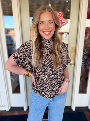 Leopard mock neck top with dolman sleeves