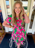 Pink and green floral button down dress with tie detailing