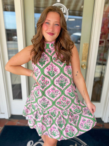 Pink and green floral halter dress with neck tie 